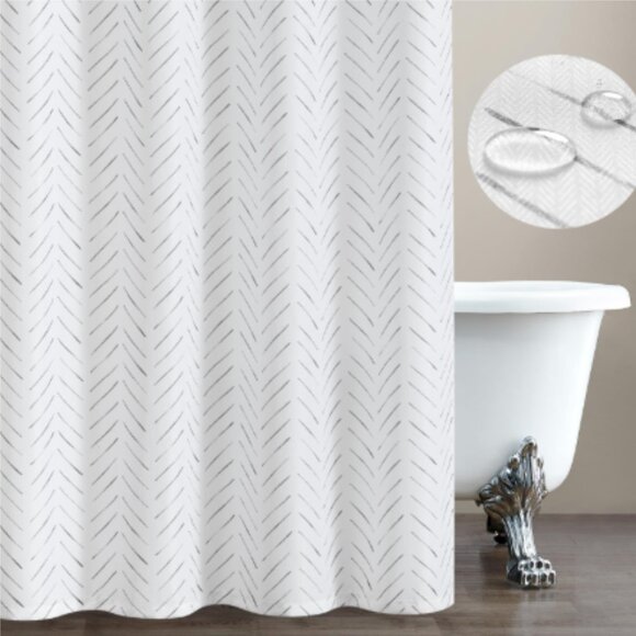 JINCHAN Shower Curtain 70 x 71.5 Inky Herringbone Chevron Zig Zag White Black - Picture 1 of 16